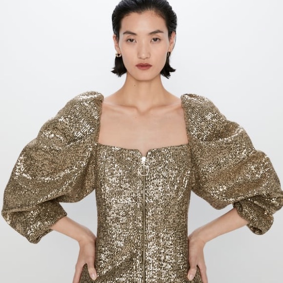 Zara NWT Bloggers Favorite Golden Sequin Puff Sleeve Zipped Party Shimmer Dress - Picture 2 of 16